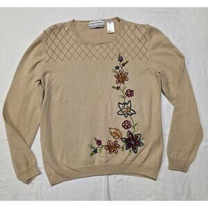 Floral Embroidered Sweater Crewneck Pullover Alfred Dunner Petite XL Beige